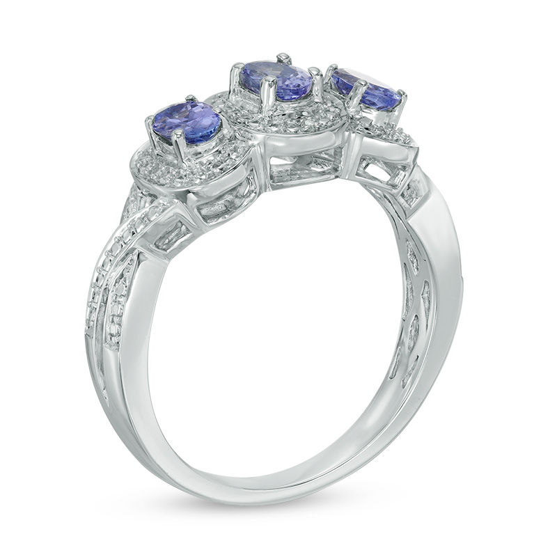 Main Image 2 of Oval Tanzanite and Diamond Accent Frame Three Stone Ring in Sterling Silver