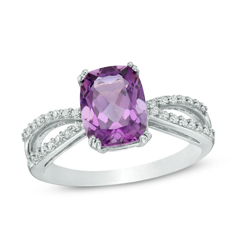 Main Image 1 of Cushion-Cut Amethyst and White Topaz Split Shank Ring in Sterling Silver