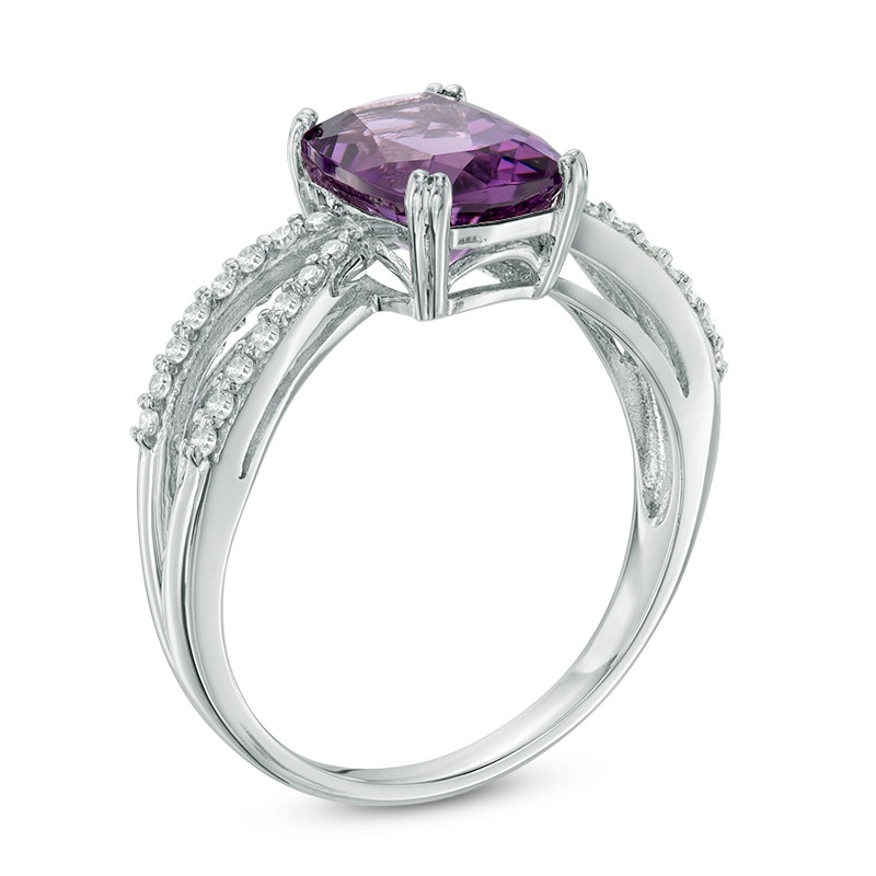 Main Image 2 of Cushion-Cut Amethyst and White Topaz Split Shank Ring in Sterling Silver