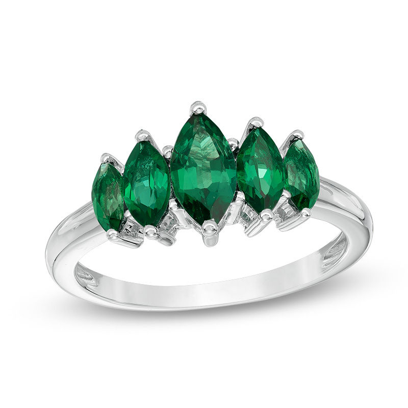Main Image 1 of Marquise Lab-Created Emerald Five Stone Ring in Sterling Silver
