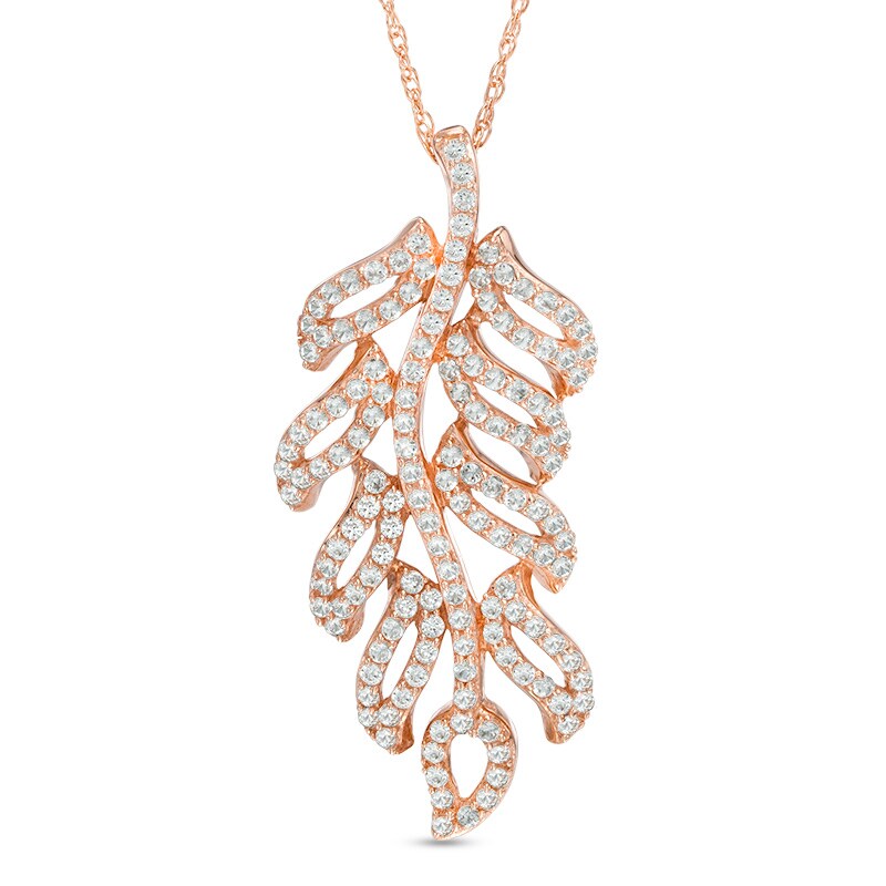 Main Image 1 of Lab-Created White Sapphire Feather Pendant in Sterling Silver and 14K Rose Gold Plate
