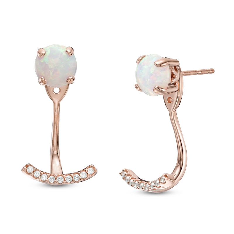 Main Image 1 of Lab-Created Opal and White Sapphire Stud Earrings with Drop Jackets in Sterling Silver with 14K Rose Gold Plate