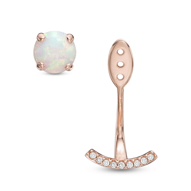 Main Image 2 of Lab-Created Opal and White Sapphire Stud Earrings with Drop Jackets in Sterling Silver with 14K Rose Gold Plate