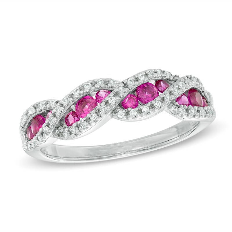 Main Image 1 of Lab-Created Ruby and White Sapphire Cascading Three Stone Ring in Sterling Silver