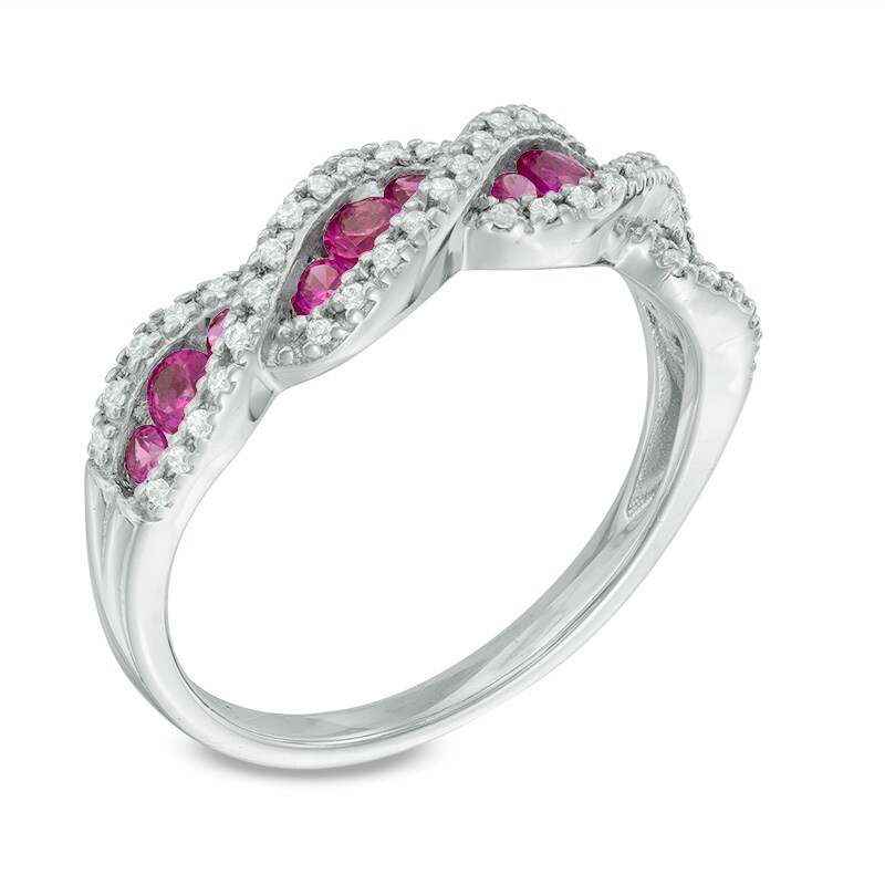 Main Image 2 of Lab-Created Ruby and White Sapphire Cascading Three Stone Ring in Sterling Silver