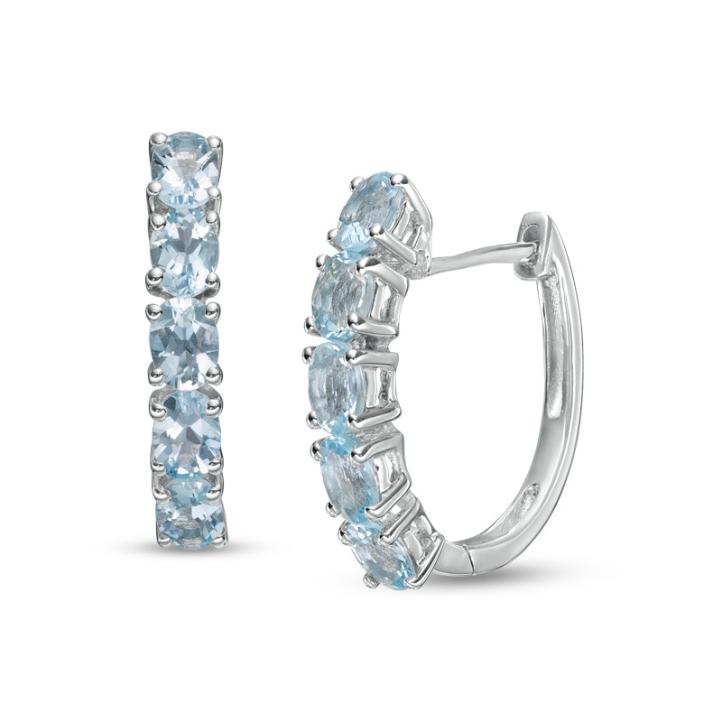 Main Image 1 of Oval Aquamarine Five Stone Hoop Earrings in Sterling Silver