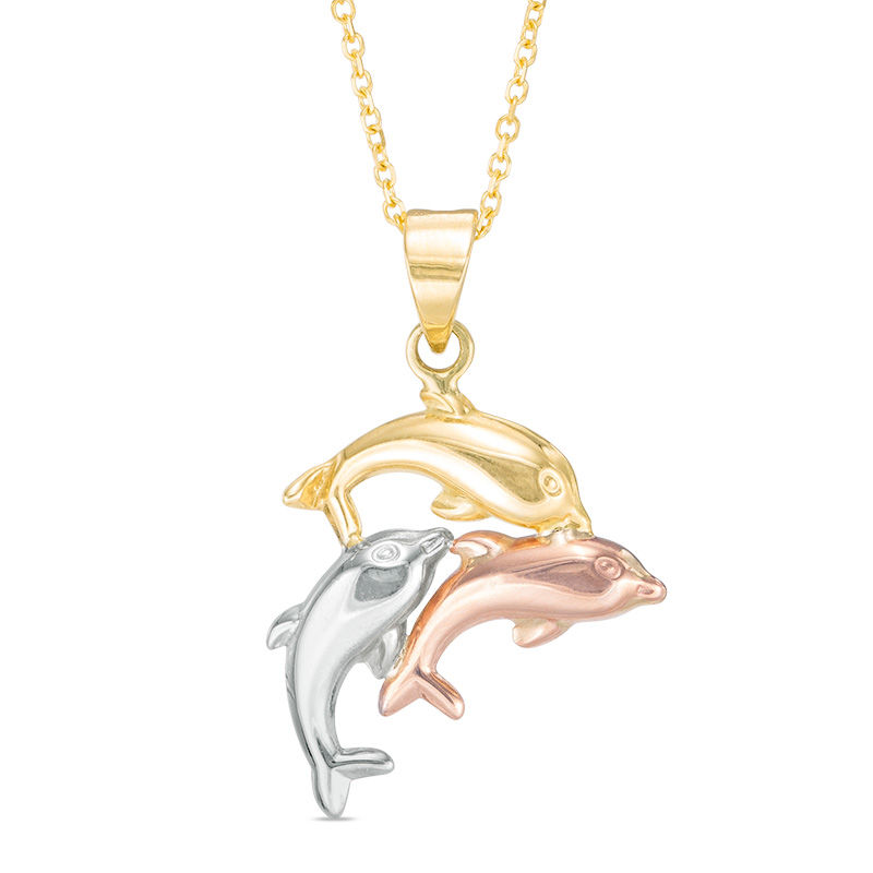 Jewels By Lux 14k Yellow White and Rose Three Color Gold Double Dolphins In Frame Tri-color Pendant 