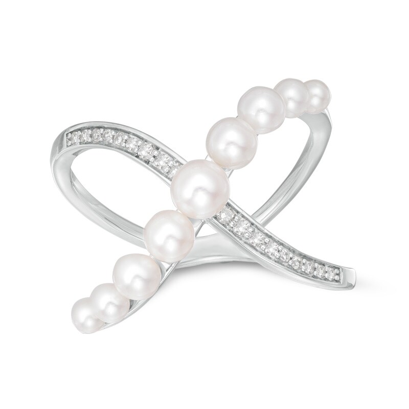Main Image 1 of Freshwater Cultured Pearl and Diamond Accent Criss-Cross Ring in Sterling Silver