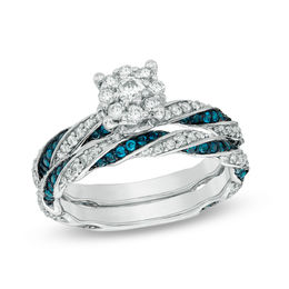 1 CT. T.W. Blue and White Diamond Ribbon Bridal Set in 10K White Gold