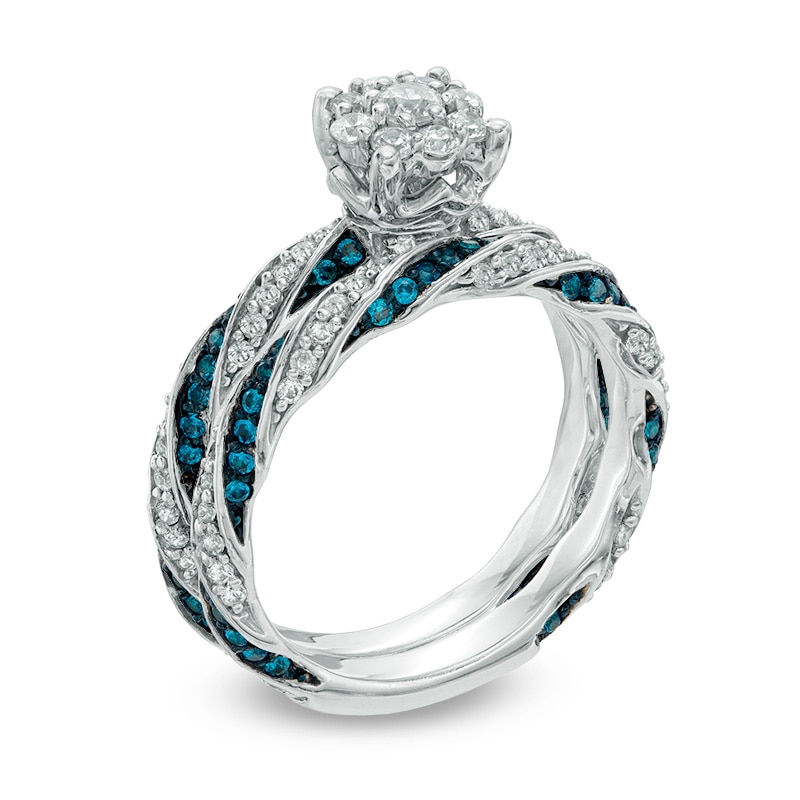 1 CT. T.W. Blue and White Diamond Ribbon Bridal Set in 10K White Gold