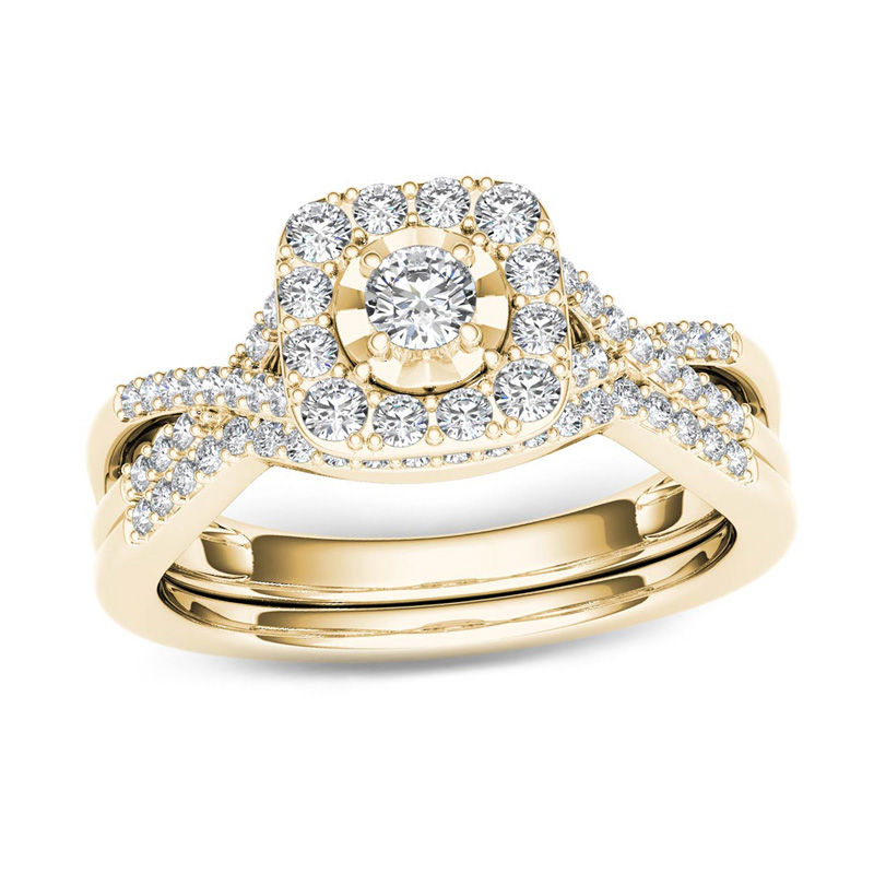 3/8 CT. T.W. Diamond Cushion Frame Twist Bridal Set in 14K Gold