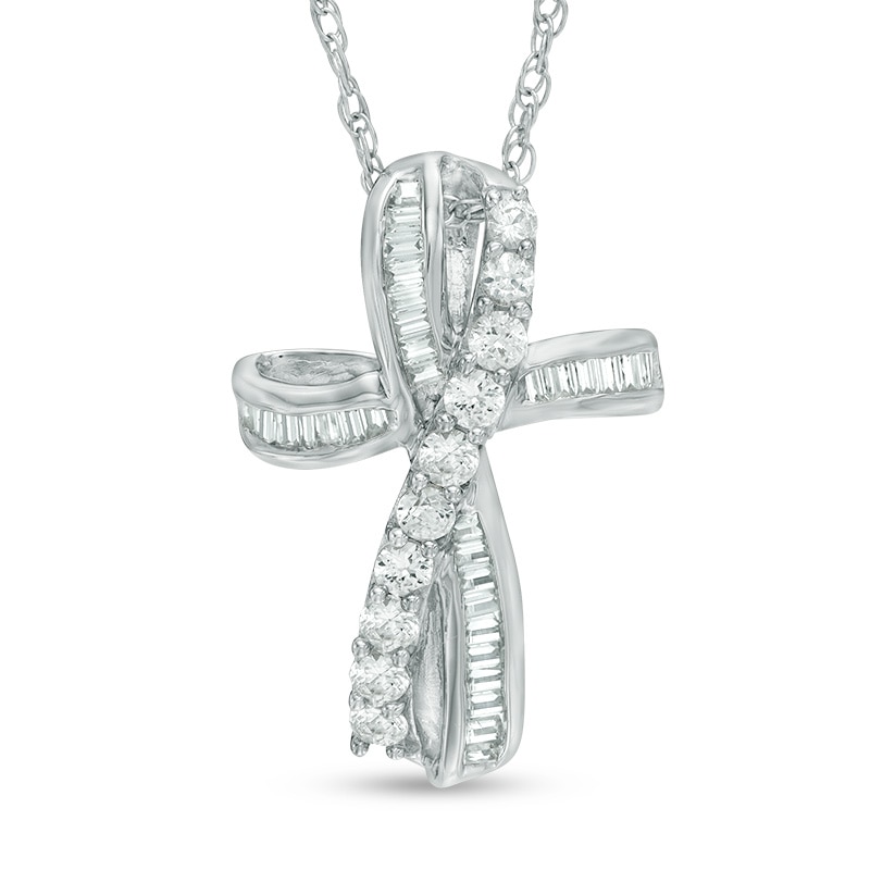 Main Image 1 of Baguette Lab-Created White Sapphire Infinity Cross Pendant in Sterling Silver