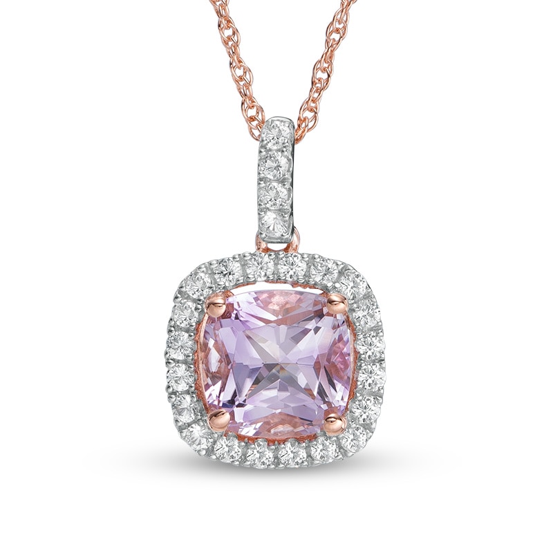 Main Image 1 of 8.0mm Rose de France Amethyst and Lab-Created White Sapphire Frame Pendant in Sterling Silver with 14K Rose Gold Plate