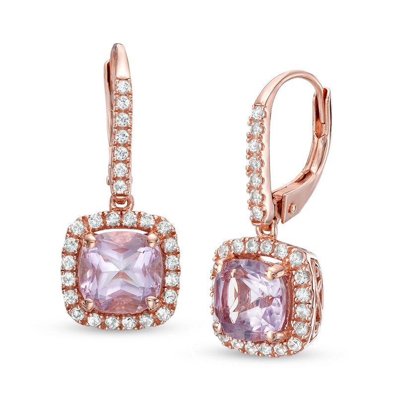 Main Image 1 of Rose de France Amethyst and Lab-Created White Sapphire Frame Drop Earrings in Sterling Silver with 14K Rose Gold Plate