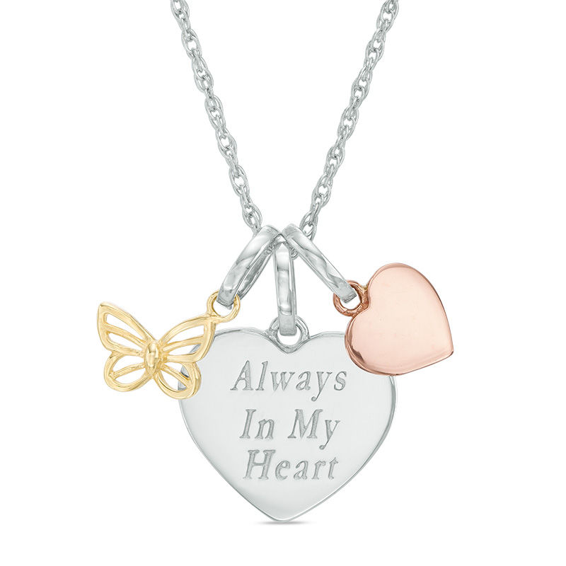 Main Image 1 of Three Piece Butterfly, Heart, and "Always In My Heart" Charms Pendant in Sterling Silver and 10K Two-Tone Gold