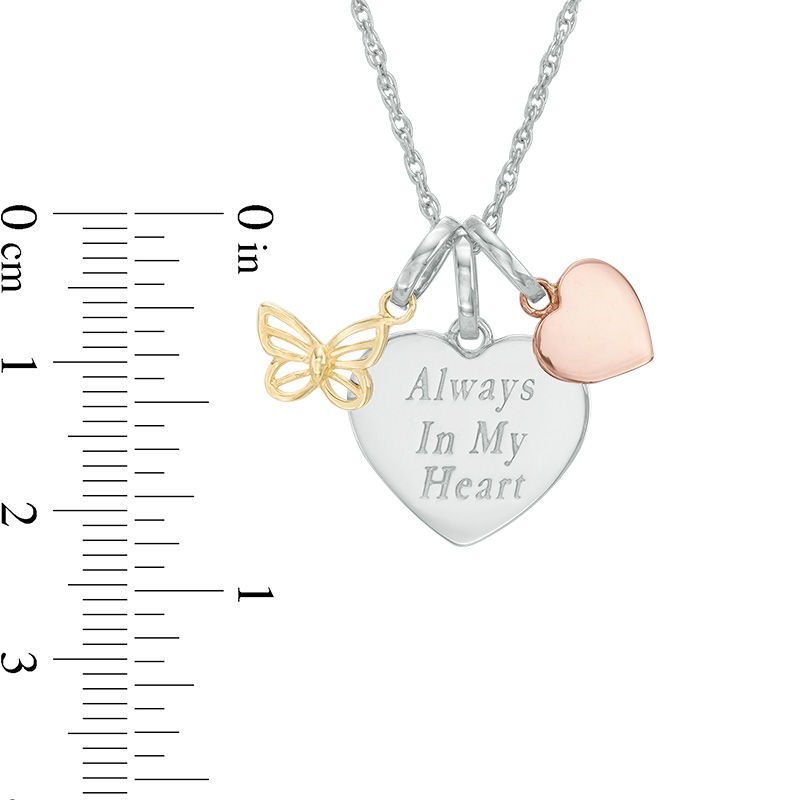 Main Image 2 of Three Piece Butterfly, Heart, and "Always In My Heart" Charms Pendant in Sterling Silver and 10K Two-Tone Gold