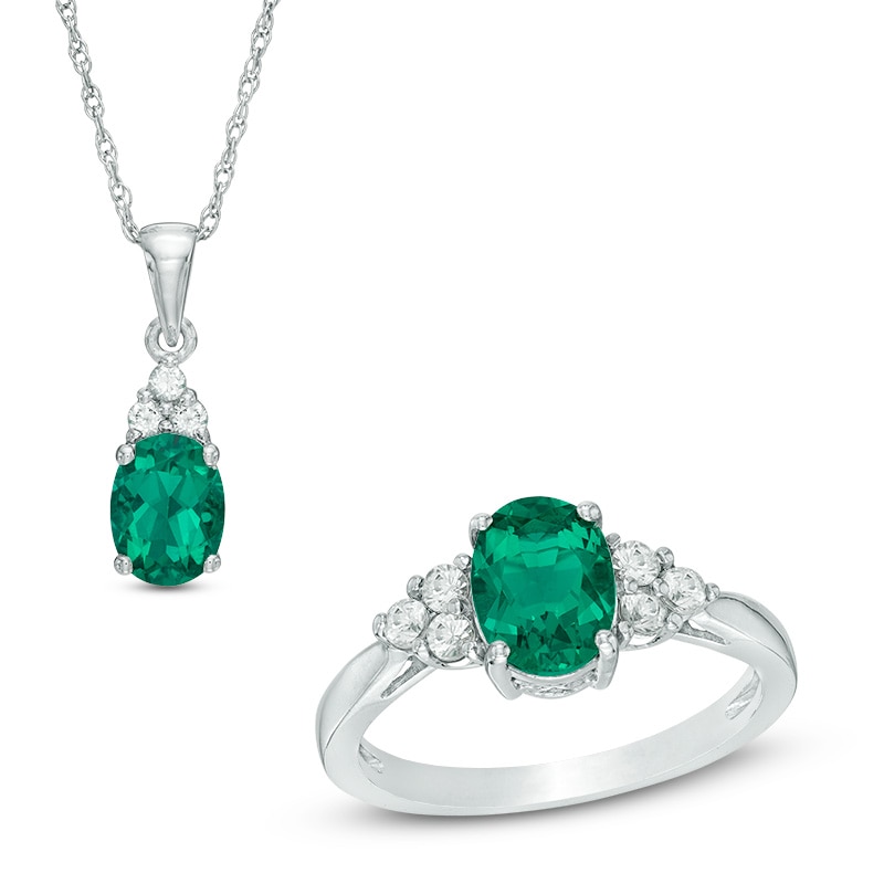 Main Image 1 of Oval Lab-Created Emerald and White Sapphire Tri-Sides Pendant and Ring Set in Sterling Silver - Size 7