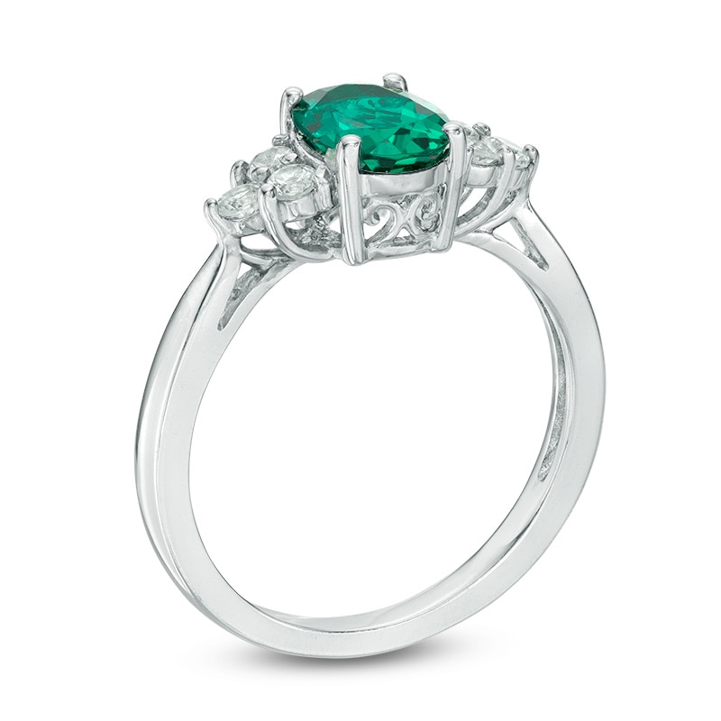 Main Image 2 of Oval Lab-Created Emerald and White Sapphire Tri-Sides Pendant and Ring Set in Sterling Silver - Size 7