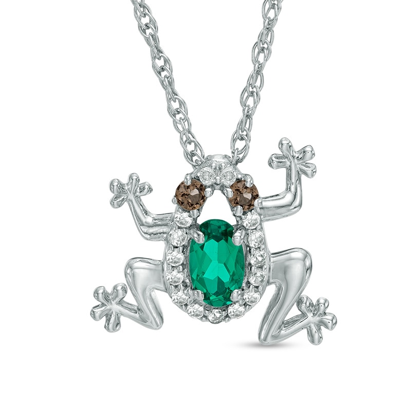 Oval Lab-Created Emerald, White Sapphire and Smoky Quartz Frog Pendant in Sterling Silver