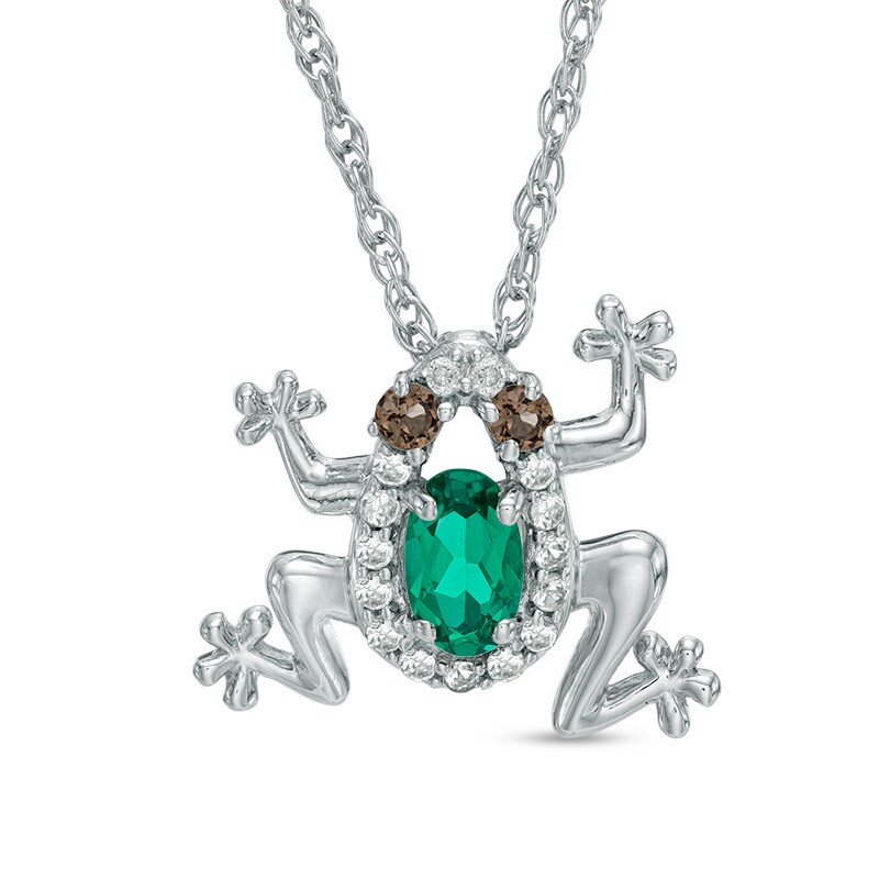 Main Image 1 of Oval Lab-Created Emerald, White Sapphire and Smoky Quartz Frog Pendant in Sterling Silver