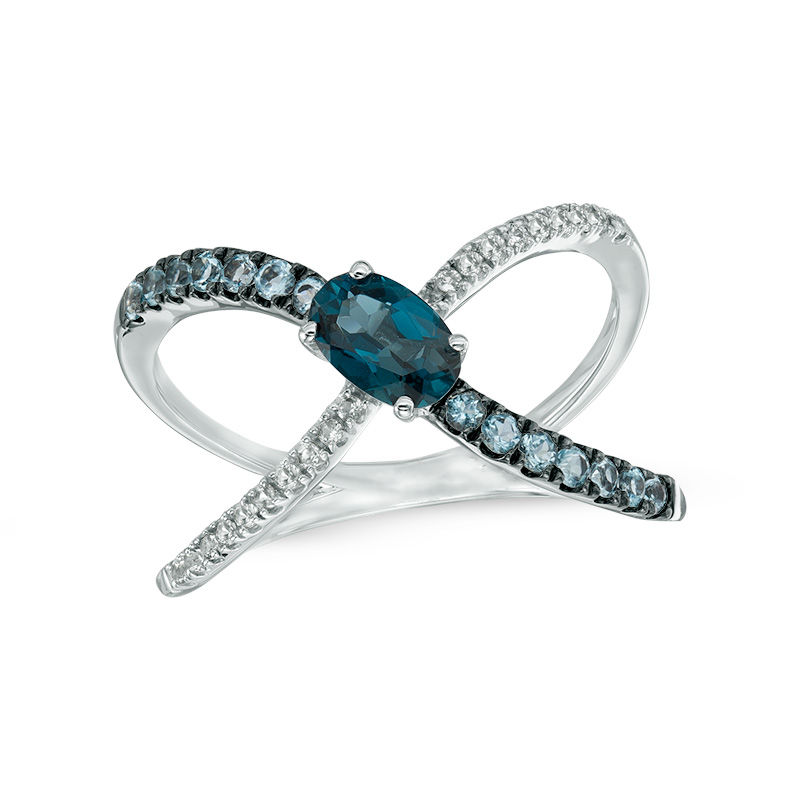Main Image 1 of Blue Topaz and Lab-Created White Sapphire Split Shank Orbit Ring in Sterling Silver