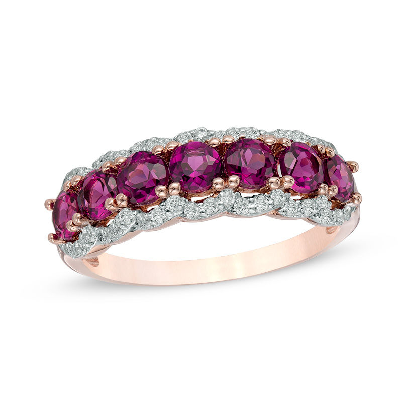 Rhodolite Garnet and Lab-Created White Sapphire Seven Stone Band in 10K Rose Gold