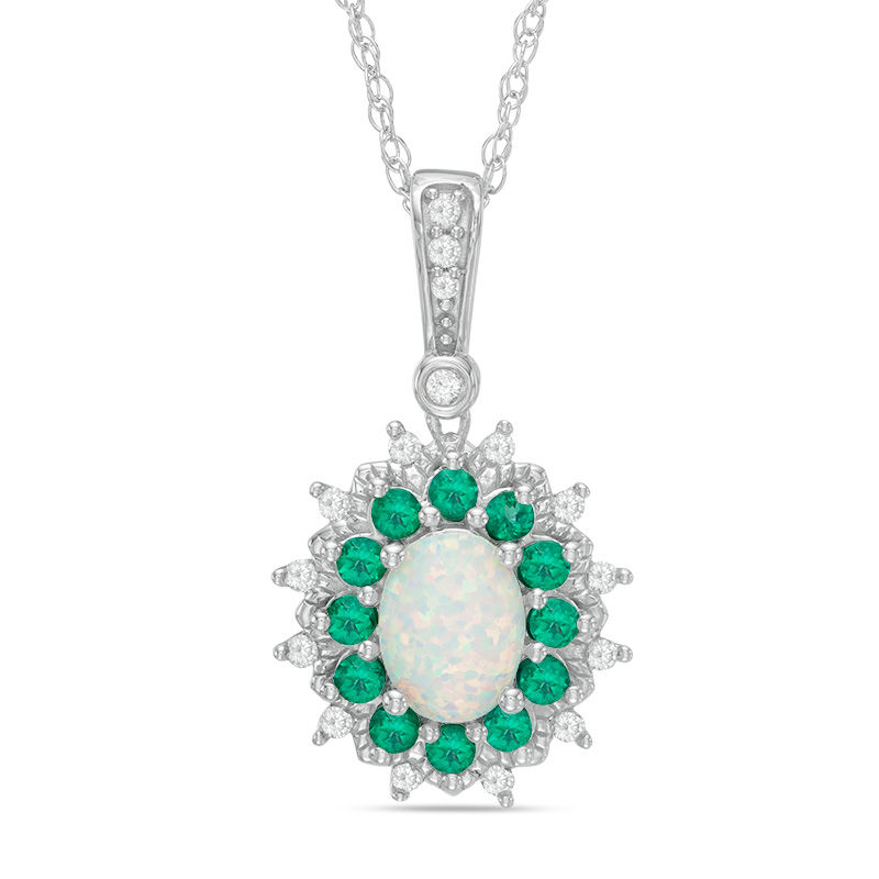 Main Image 1 of Oval Lab-Created Opal, Emerald and White Sapphire Sunburst Frame Pendant in Sterling Silver