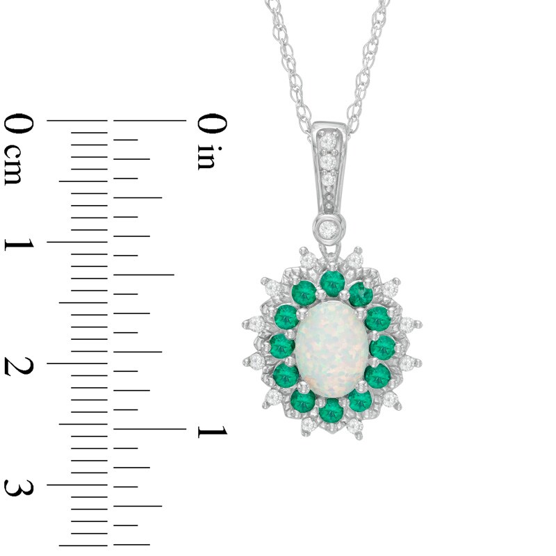 Main Image 2 of Oval Lab-Created Opal, Emerald and White Sapphire Sunburst Frame Pendant in Sterling Silver