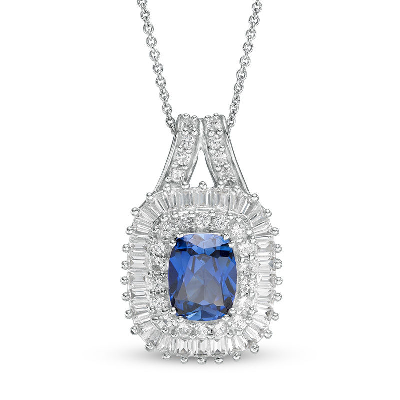 Main Image 1 of Cushion-Cut Lab-Created Blue and White Sapphire Double Frame Pendant in Sterling Silver