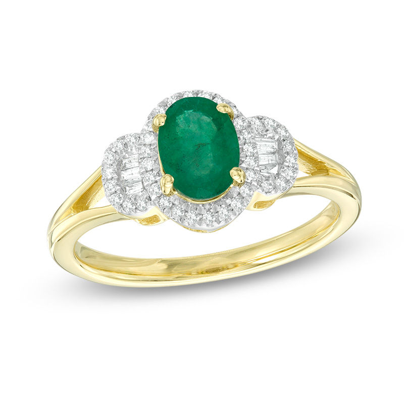 Main Image 1 of Oval Emerald and 1/6 CT. T.W. Diamond Three Stone Collar Ring in 10K Gold