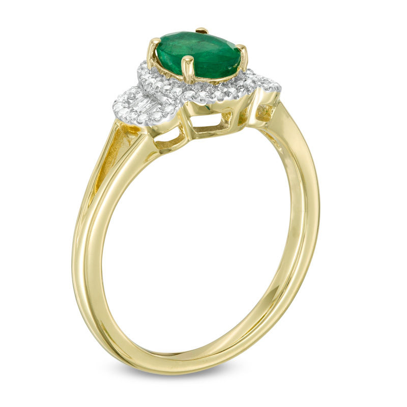 Main Image 2 of Oval Emerald and 1/6 CT. T.W. Diamond Three Stone Collar Ring in 10K Gold