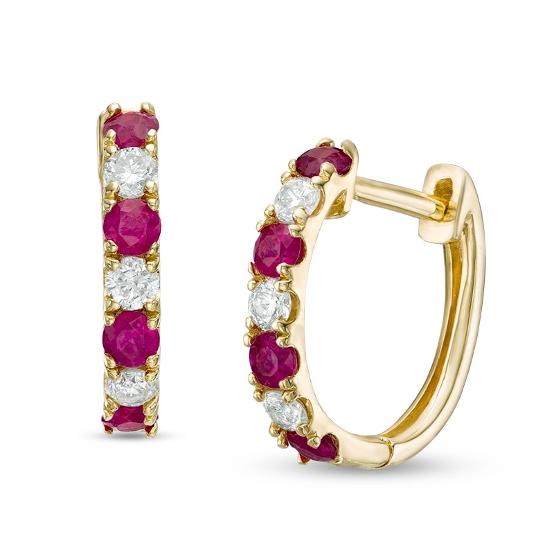 Lab-Created Ruby and White Sapphire Hoop Earrings in 10K Gold