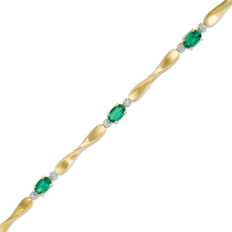 Emerald and Diamond Accent Station Bracelet in Sterling Silver and 14K Gold Plate - 7.25"