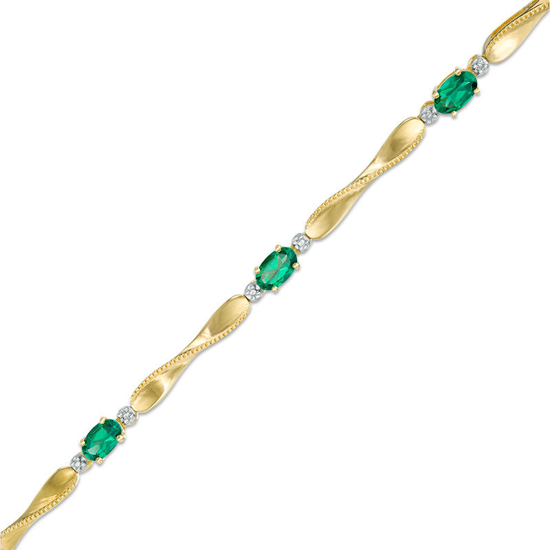 Main Image 1 of Emerald and Diamond Accent Station Bracelet in Sterling Silver and 14K Gold Plate - 7.25&quot;
