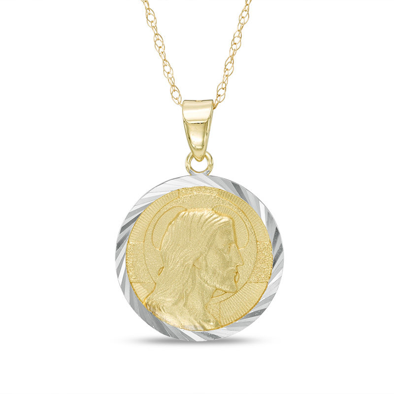 Diamond Cut Jesus Silhouette Coin Pendant in 10K Two Tone Gold
