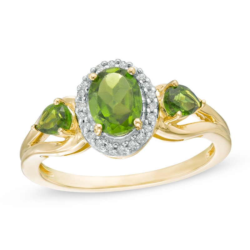 Chrome Diopside and 1/10 CT. T.W. Diamond Frame Three Stone Ring in 10K Gold