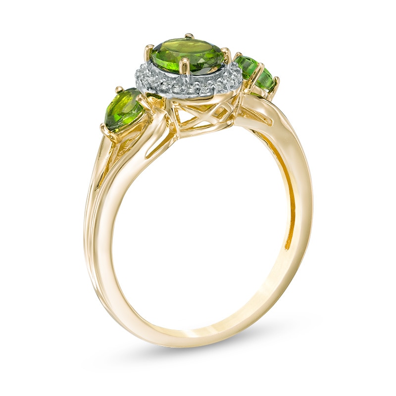 Chrome Diopside and 1/10 CT. T.W. Diamond Frame Three Stone Ring in 10K Gold