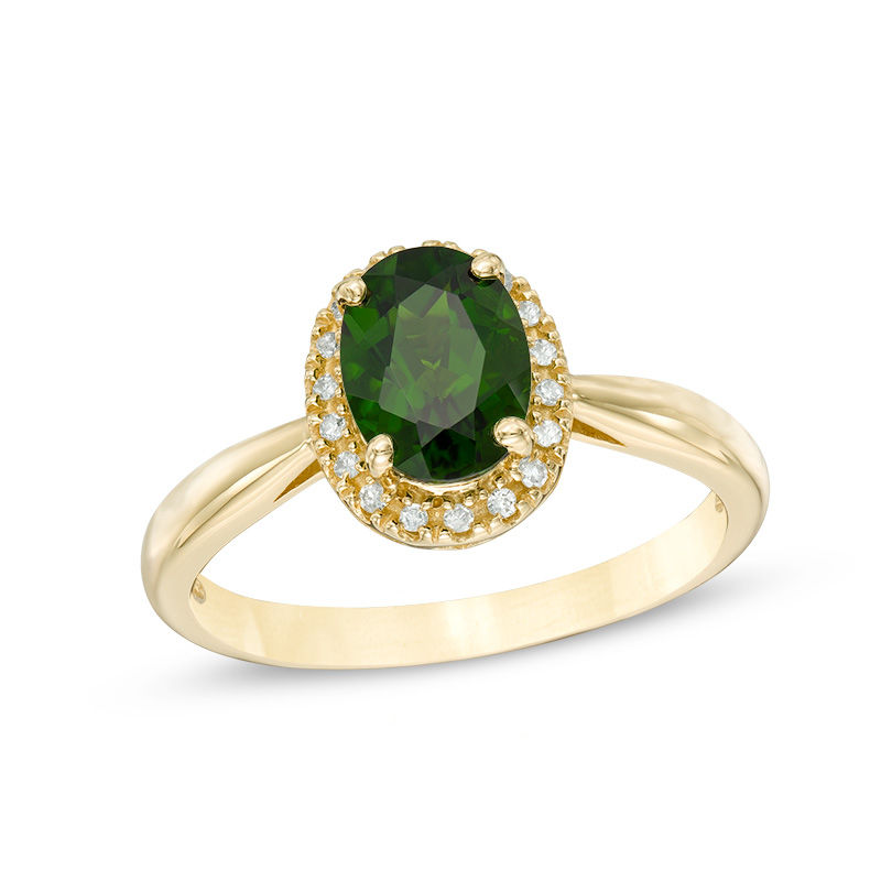 Main Image 1 of Oval Chrome Diopside and Diamond Accent Frame Ring in 10K Gold