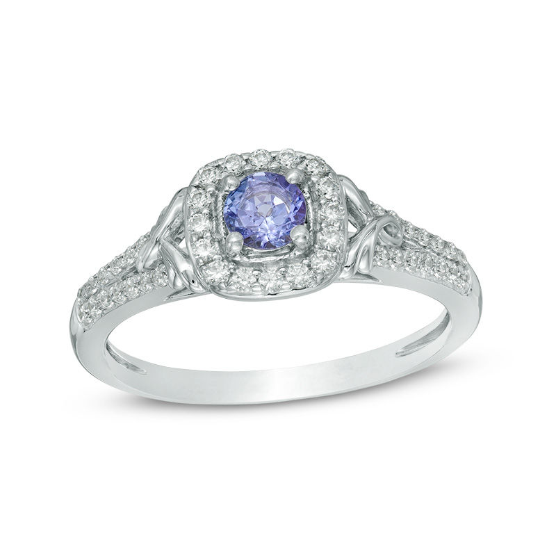 Main Image 1 of 4.0mm Tanzanite and Lab-Created White Sapphire Cushion Frame Vintage-Style Ring in 10K White Gold
