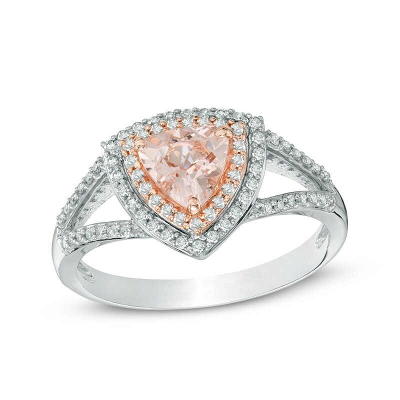 Main Image 1 of 6.0mm Trillion-Cut Morganite and Diamond Accent Frame Split Shank Ring in 10K White Two Tone Gold
