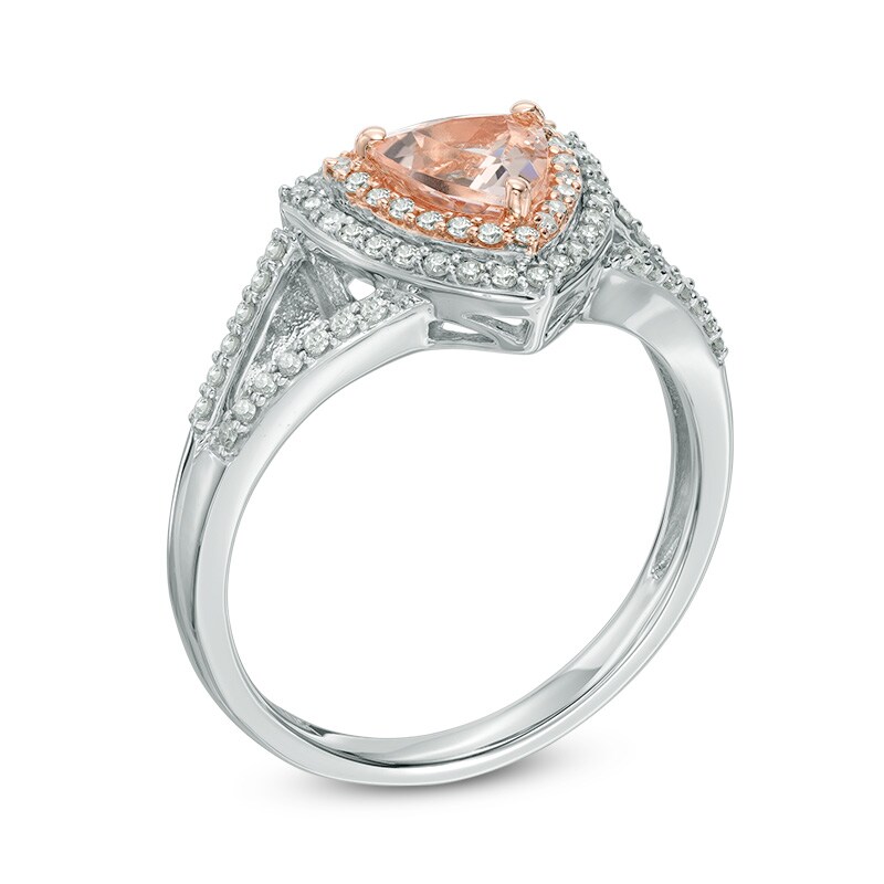 Main Image 2 of 6.0mm Trillion-Cut Morganite and Diamond Accent Frame Split Shank Ring in 10K White Two Tone Gold