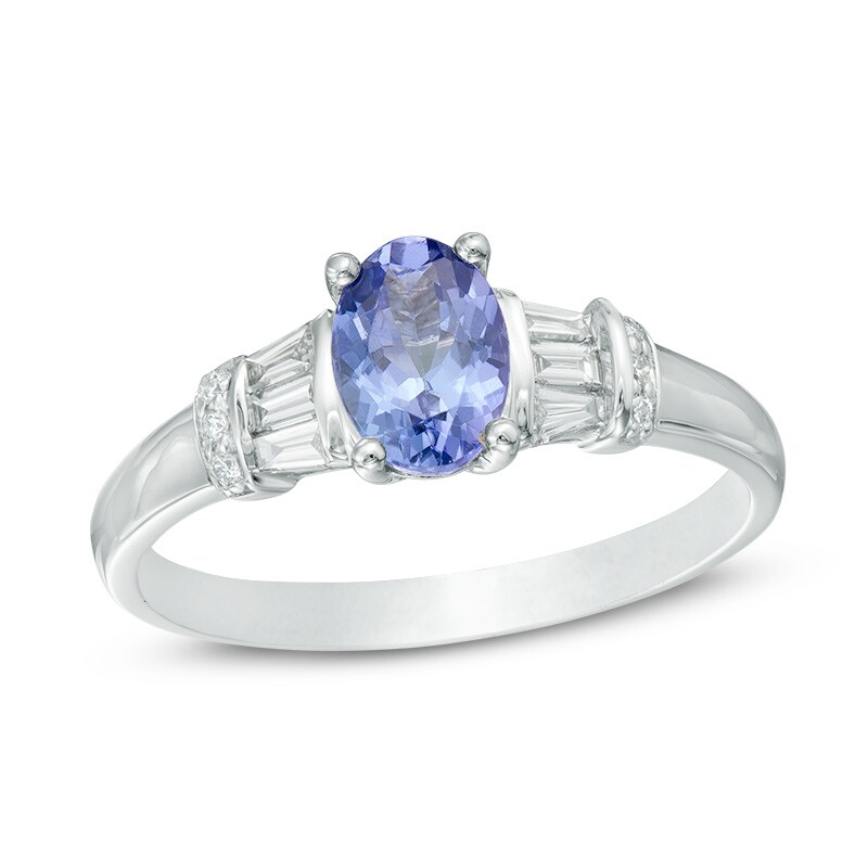 Main Image 1 of Oval Tanzanite and 1/8 CT. T.W. Diamond Collar Ring in 10K White Gold