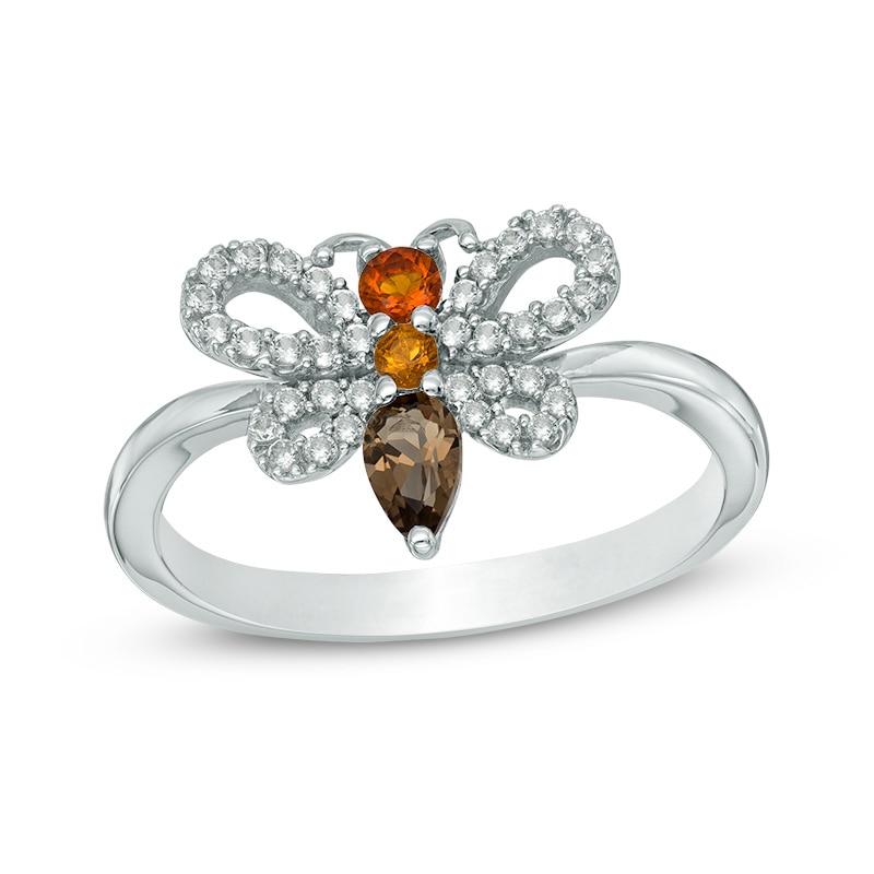 Main Image 1 of Pear-Shaped Smoky Quartz, Citrine and Lab-Created White Sapphire Bee Ring in Sterling Silver