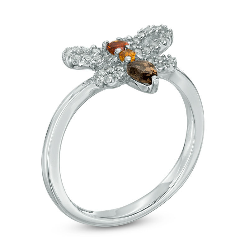 Main Image 2 of Pear-Shaped Smoky Quartz, Citrine and Lab-Created White Sapphire Bee Ring in Sterling Silver