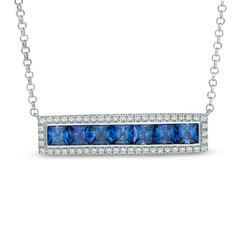 Main Image 1 of 4.0mm Princess-Cut Lab-Created Blue and White Sapphire Bar Necklace in Sterling Silver - 16.75"