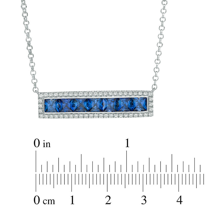 Main Image 2 of 4.0mm Princess-Cut Lab-Created Blue and White Sapphire Bar Necklace in Sterling Silver - 16.75"