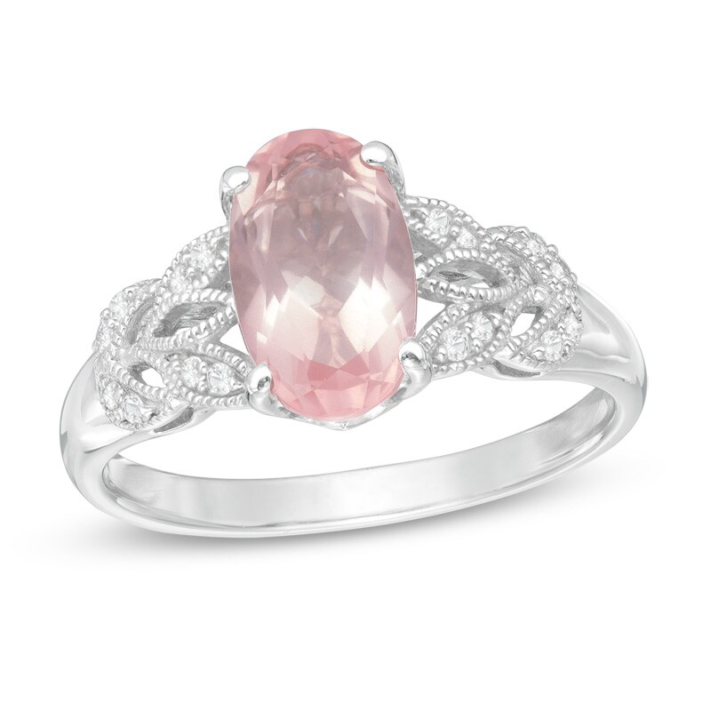 Main Image 1 of Oval Rose Quartz and Lab-Created White Sapphire Vintage-Style Ring in Sterling Silver