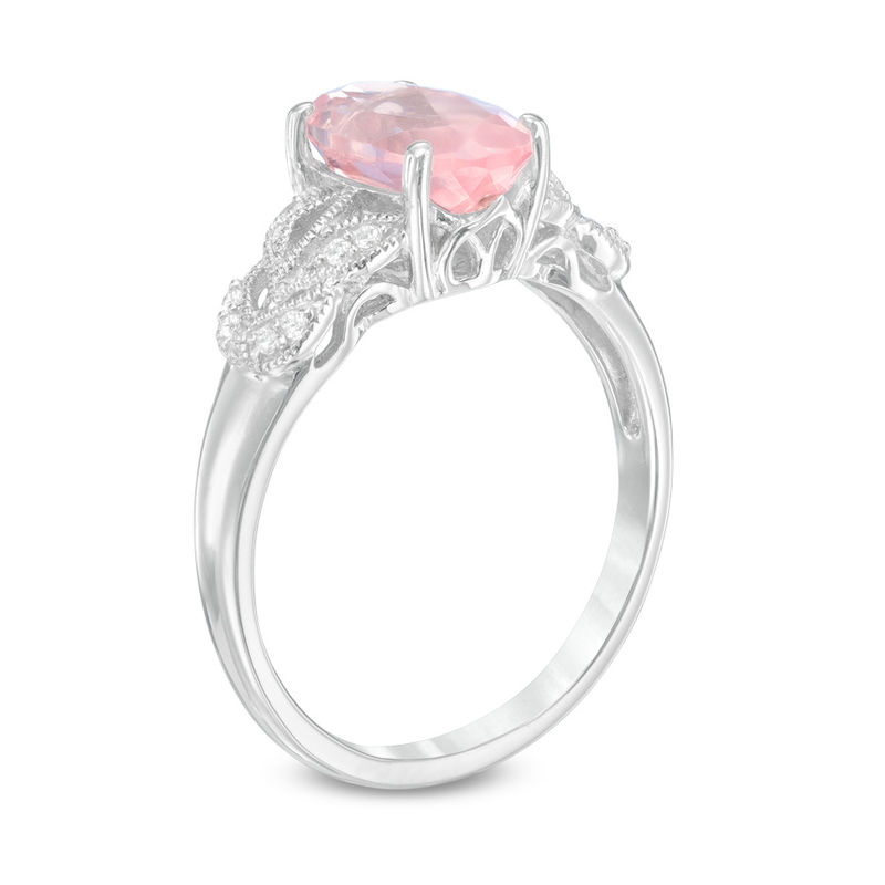 Main Image 2 of Oval Rose Quartz and Lab-Created White Sapphire Vintage-Style Ring in Sterling Silver