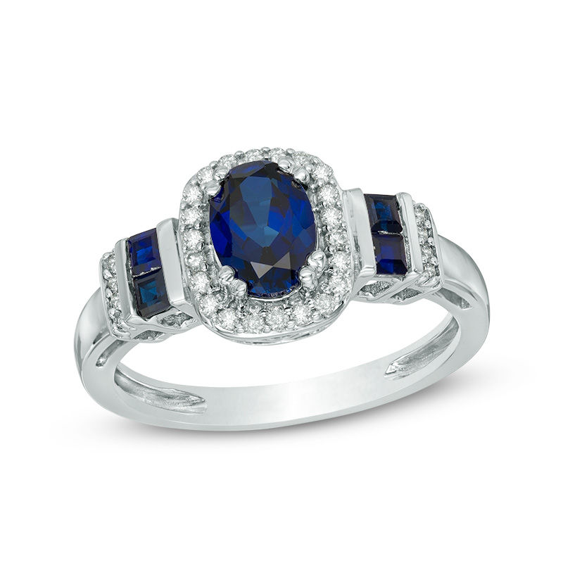 Main Image 1 of Oval Lab-Created Blue Sapphire and Diamond Accent Frame Ring in 10K White Gold
