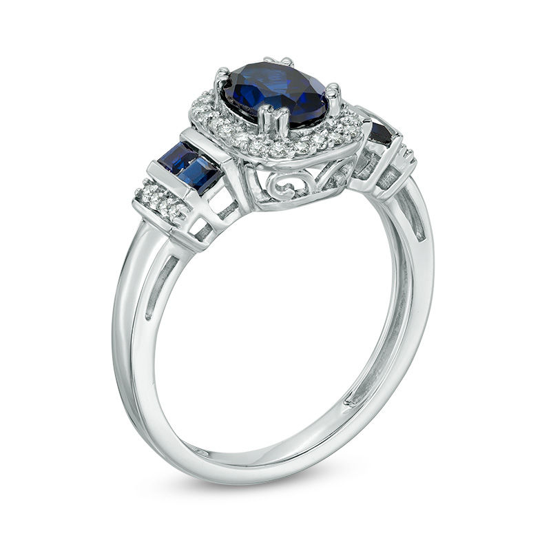 Main Image 2 of Oval Lab-Created Blue Sapphire and Diamond Accent Frame Ring in 10K White Gold